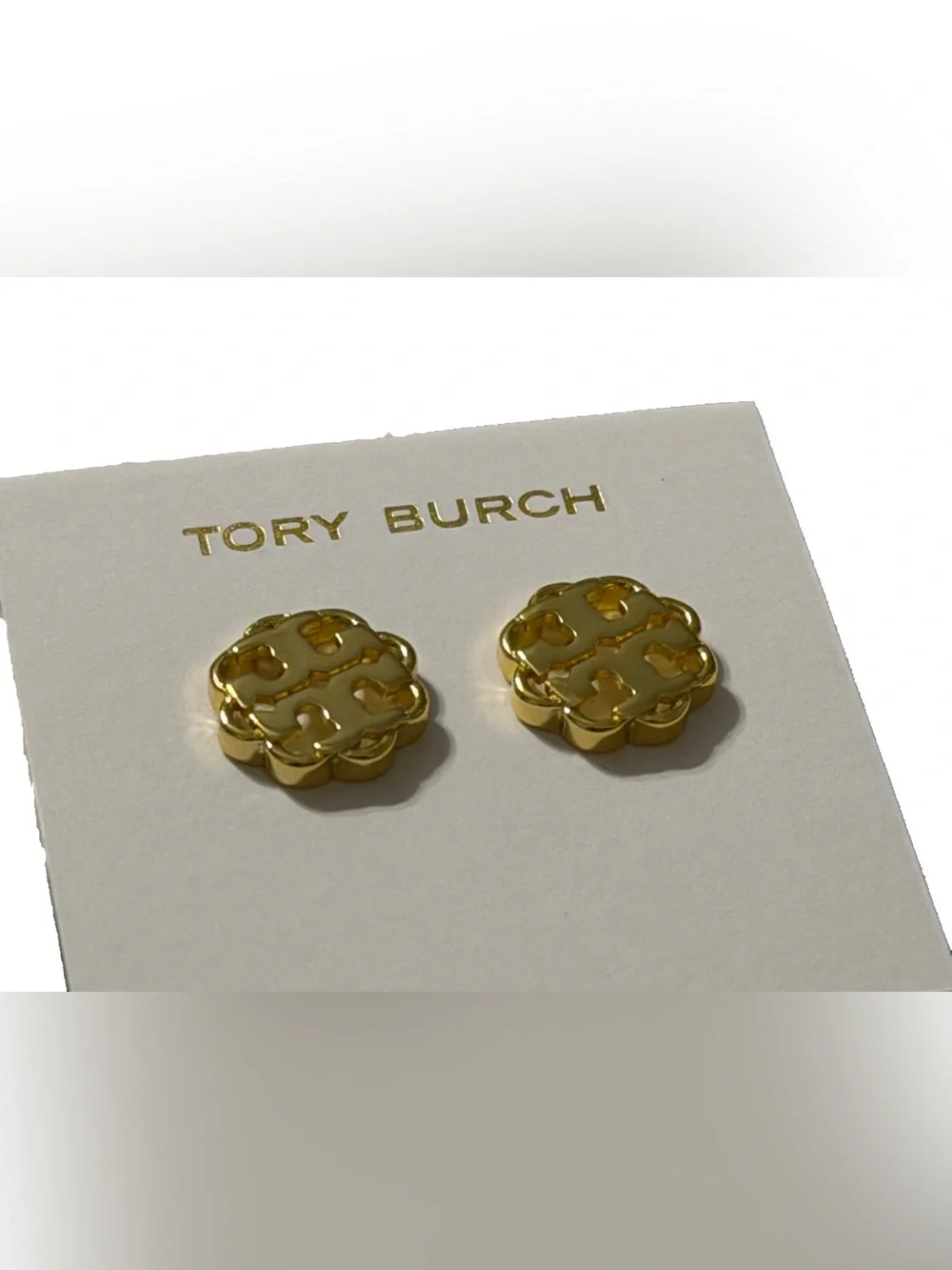NWT AUTHENTIC Tory Burch Minimalist Openwork Gold-Plated Floral Logo Earrings